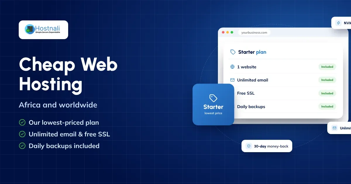 Cheap web hosting: the Hostnali Starter plan with free SSL, unlimited email and daily backups