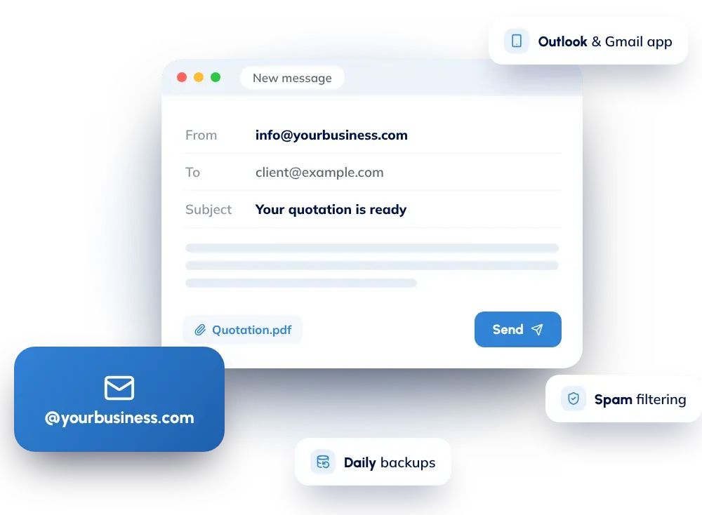 Professional business email on your own domain with Hostnali: works in Outlook and the Gmail app, with spam filtering and daily backups