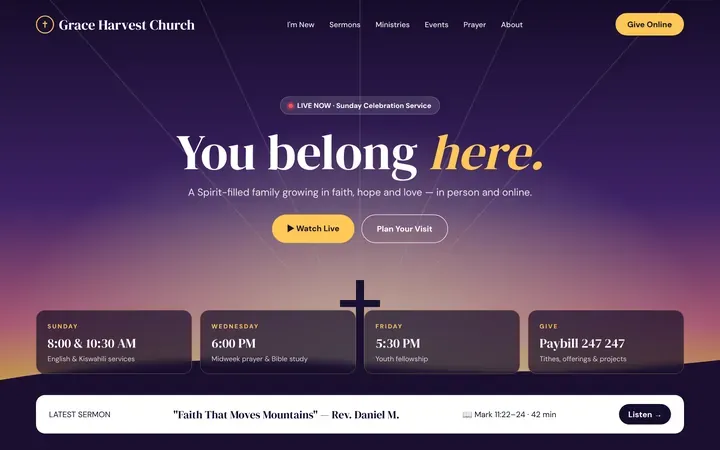 Church website design with live streaming and online giving