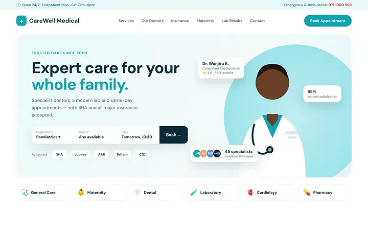 Hospital and medical clinic website design with appointment booking