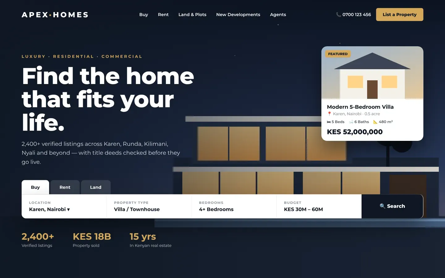 Real estate website design with property search
