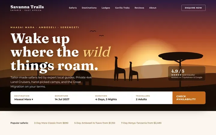 Safari tour company website design with booking form