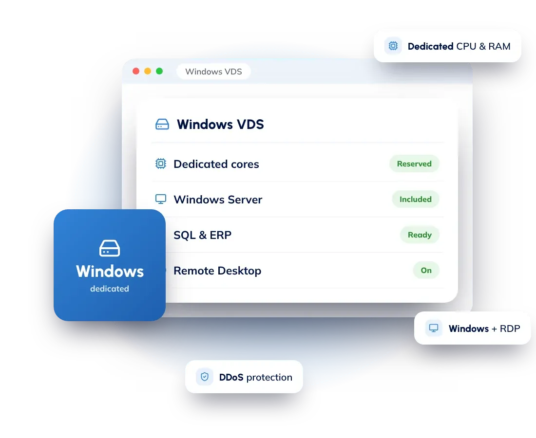 Windows dedicated servers: dedicated CPU cores and RAM with Windows Server included