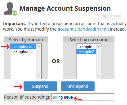 How to Suspend cPanel user from а WHM Account? - whm reseller suspend account