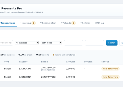 Mpesa Payments Pro Module for WHMCS - 04 transactions