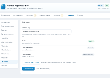 Mpesa Payments Pro Module for WHMCS - 10 settings licence
