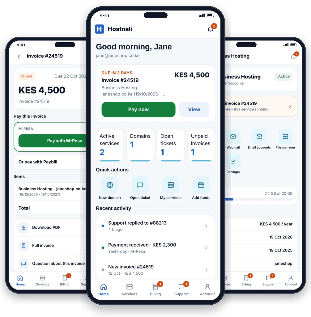 Hostnali App on three phones: home dashboard, paying an invoice with M-Pesa and managing a hosting plan