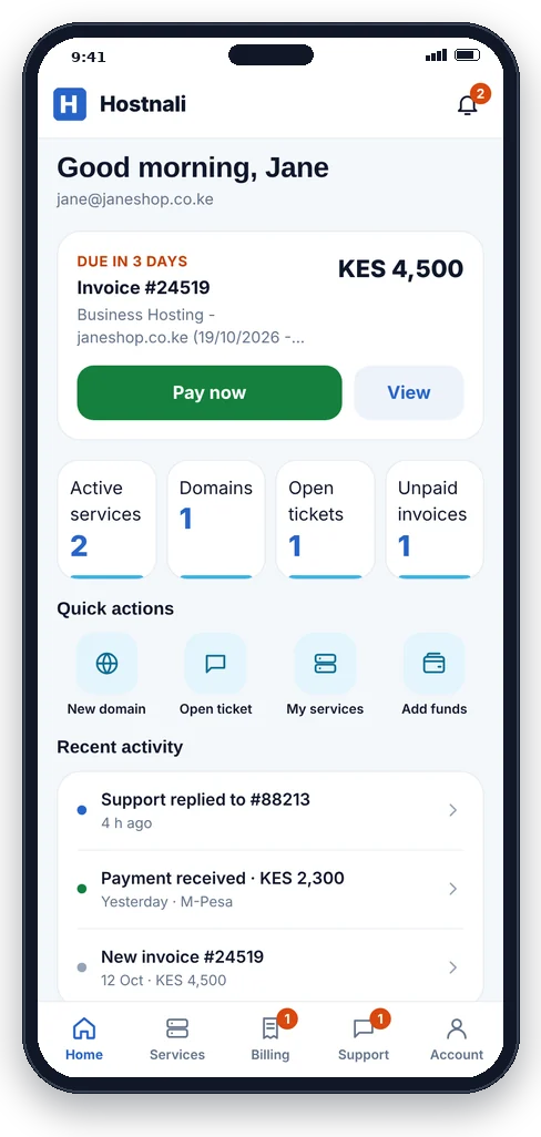 Hostnali App 9 Hostnali App home screen with invoice due, services and quick actions