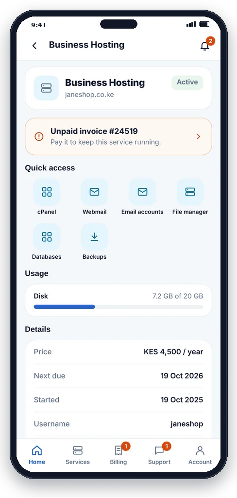 Hostnali App 11 Hosting service details with cPanel shortcuts