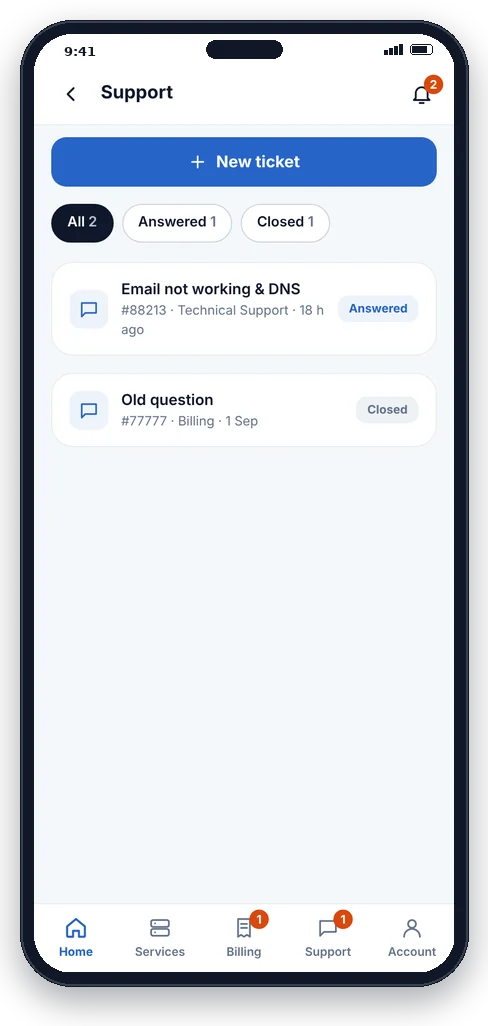 Hostnali App 15 Support tickets list
